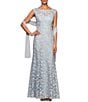 Color:Light Blue - Image 1 - Petite Size Floral Embroidered Illusion Boat Neck Cap Sleeve Gown