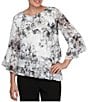 Alex Evenings Petite Size Illusion 3/4 Sleeve Boat Neck Asymmetrical Hem Triple Tier Chiffon Blouse, Color:Ivory Taupe - Image 1