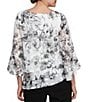 Alex Evenings Petite Size Illusion 3/4 Sleeve Boat Neck Asymmetrical Hem Triple Tier Chiffon Blouse, Color:Ivory Taupe - Image 2