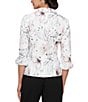 Alex Evenings Petite Size Jacquard Collared V-Neck 3/4 Bubble Hem Sleeve Floral Blouse, Color:Ivory/Pink - Image 2