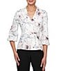 Alex Evenings Petite Size Jacquard Collared V-Neck 3/4 Bubble Hem Sleeve Floral Blouse, Color:Ivory/Pink - Image 1