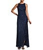 Color:Navy - Image 1 - Petite Size Jewel Neck Sleeveless Front Slit Cascade Ruffle Sequin Stretch Gown