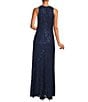 Color:Navy - Image 2 - Petite Size Jewel Neck Sleeveless Front Slit Cascade Ruffle Sequin Stretch Gown
