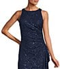 Color:Navy - Image 3 - Petite Size Jewel Neck Sleeveless Front Slit Cascade Ruffle Sequin Stretch Gown