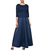 Color:Navy - Image 1 - Petite Size Lace Bodice Satin Skirt 3/4 Sleeve Round Neck Scallop Hem Long Gown
