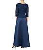 Color:Navy - Image 2 - Petite Size Lace Bodice Satin Skirt 3/4 Sleeve Round Neck Scallop Hem Long Gown