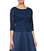 Color:Navy - Image 3 - Petite Size Lace Bodice Satin Skirt 3/4 Sleeve Round Neck Scallop Hem Long Gown
