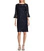 Color:Navy - Image 1 - Petite Size Lace Sequin 3/4 Bell Sleeve Boat Neck Sheath Dress