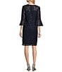Color:Navy - Image 2 - Petite Size Lace Sequin 3/4 Bell Sleeve Boat Neck Sheath Dress