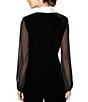 Alex Evenings Petite Size Long Sleeve Collared Side Button Velvet Blouse, Color:Black White - Image 2