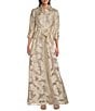 Alex Evenings Petite Size Point Collar 3/4 Sleeve Jacquard Ballgown, Color:Ivory Gold - Image 1
