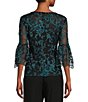 Color:Black/Teal - Image 2 - Petite Size Round Neck 3/4 Bell Sleeve Floral Embroidered Blouse