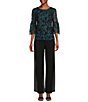 Color:Black/Teal - Image 3 - Petite Size Round Neck 3/4 Bell Sleeve Floral Embroidered Blouse