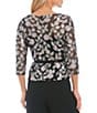 Color:Black Multi - Image 2 - Petite Size Round Neck 3/4 Sleeve Stretch Embroidered Floral Sequin Peplum Ribbon Belt Blouse