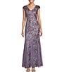 Color:Icy Orchid - Image 1 - Petite Size Sequin Embroidered V-Neck Cap Sleeve Lace Godet Skirt Shawl Gown