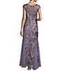 Color:Icy Orchid - Image 2 - Petite Size Sequin Embroidered V-Neck Cap Sleeve Lace Godet Skirt Shawl Gown