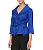 Color:Royal - Image 1 - Petite Size Shawl V-Neck Collar 3/4 Sleeve Tie Waist Blouse