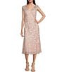 Color:Shell Pink - Image 1 - Petite Size Cap Sleeve V-Neck Godet Skirt Embroidered Fit and Flare Midi Dress