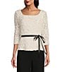 Alex Evenings Petite Size Square Neck 3/4 Sleeve Tie Sash Soutache Blouse, Color:Ivory - Image 1