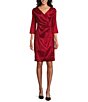 Color:Red - Image 1 - Petite Size Stretch Taffeta Portrait Collar 3/4 Sleeve Ruched Waist Sheath Dress