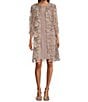 Color:Taupe - Image 1 - Petite Size Stretch Tulle 3/4 Sleeve Scoop Neck Embroidered Scallop Jacket Dress