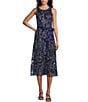 Color:Navy - Image 1 - Petite Size Stretch Tulle Floral Print Sleeveless Scoop Neck High-Low Tie Waist Fit and Flare Dress