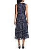 Color:Navy - Image 2 - Petite Size Stretch Tulle Floral Print Sleeveless Scoop Neck High-Low Tie Waist Fit and Flare Dress