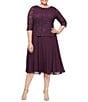 Color:Deep Plum - Image 1 - Plus Size Sequin Lace 3/4 Illusion Sleeve Scallop Round Neck Bodice Chiffon Skirted Dress