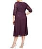 Color:Deep Plum - Image 2 - Plus Size Sequin Lace 3/4 Illusion Sleeve Scallop Round Neck Bodice Chiffon Skirted Dress