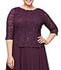 Color:Deep Plum - Image 3 - Plus Size Sequin Lace 3/4 Illusion Sleeve Scallop Round Neck Bodice Chiffon Skirted Dress