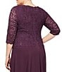 Color:Deep Plum - Image 4 - Plus Size Sequin Lace 3/4 Illusion Sleeve Scallop Round Neck Bodice Chiffon Skirted Dress