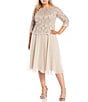 Color:Taupe - Image 1 - Plus Size Sequin Lace 3/4 Illusion Sleeve Scallop Round Neck Bodice Chiffon Skirted Dress