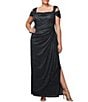 Color:Black - Image 1 - Plus Size Cold Shoulder Cowl Neck Cap Sleeve Glitter Mesh Gown