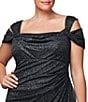 Color:Black - Image 3 - Plus Size Cold Shoulder Cowl Neck Cap Sleeve Glitter Mesh Gown