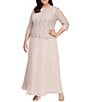 Color:Shell Pink - Image 1 - Plus Size Crew Neck 3/4 Sleeve Sequin Lace Scalloped Hem Bodice Chiffon Skirted Dress