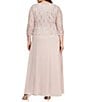 Color:Shell Pink - Image 2 - Plus Size Crew Neck 3/4 Sleeve Sequin Lace Scalloped Hem Bodice Chiffon Skirted Dress