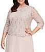 Alex Evenings Plus Size Crew Neck 3/4 Sleeve Sequin Lace Scalloped Hem Bodice Chiffon Skirted Dress, Color:Shell Pink - Image 3