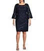 Color:Navy - Image 1 - Plus Size 3/4 Bell Sleeve Illusion Crew Neck Lace Sheath Dress