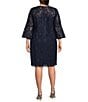 Color:Navy - Image 2 - Plus Size 3/4 Bell Sleeve Illusion Crew Neck Lace Sheath Dress