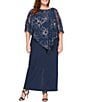 Color:Navy/Rose Gold - Image 1 - Plus Size 3/4 Capelet Sleeve Crew Neck Foil Printed Asymmetrical Overlay Dress