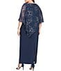 Color:Navy/Rose Gold - Image 2 - Plus Size 3/4 Capelet Sleeve Crew Neck Foil Printed Asymmetrical Overlay Dress
