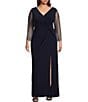 Alex Evenings Plus Size 3/4 Embellished Illusion Sleeve V-Neck Front Slit Gown, Color:Dark Navy - Image 1