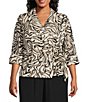 Alex Evenings Plus Size 3/4 Sleeve Collared Neck Tie Waist Printed Blouse, Color:Ivory/Black - Image 1