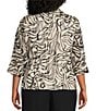 Alex Evenings Plus Size 3/4 Sleeve Collared Neck Tie Waist Printed Blouse, Color:Ivory/Black - Image 2