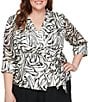Alex Evenings Plus Size 3/4 Sleeve Collared Neck Tie Waist Printed Blouse, Color:Ivory/Black - Image 5