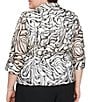 Alex Evenings Plus Size 3/4 Sleeve Collared Neck Tie Waist Printed Blouse, Color:Ivory/Black - Image 6