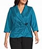 Alex Evenings Plus Size 3/4 Sleeve Collared V-Neck Taffeta Blouse - Image 1