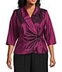 Alex Evenings Plus Size 3/4 Sleeve Collared V-Neck Taffeta Blouse, Color:Berry - Image 1