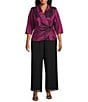 Alex Evenings Plus Size 3/4 Sleeve Collared V-Neck Taffeta Blouse, Color:Berry - Image 3