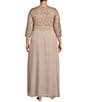Color:Buff - Image 2 - Plus Size 3/4 Sleeve Crew Neck Overlay Skirt Sequin Lace Empire Waist Gown
